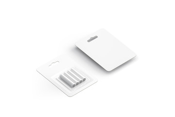 Blank white power battery pack mockup, front and back, isolated, 3d rendering. Empty ecology acumulator in packaging mock up. Clear lithium energy batery cylinder template.
