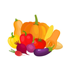 Fototapeta na wymiar Bright vector illustration of colorful yellow, orange, red, violet vegetables.