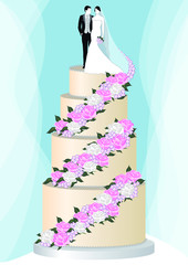 Illustration vectorielle d’un gateau de mariage pour une carte d’invitation. Un couple de mariés au sommet d’un gateau décorée de fleur rose et blanche. 