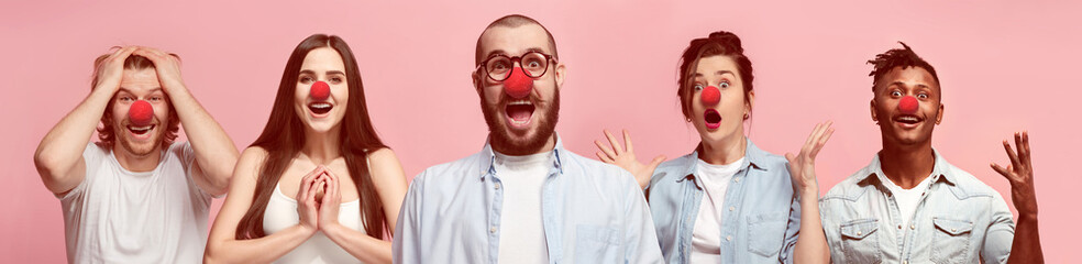 The collage of faces of surprised people at red nose day. The clown, fun, party, celebration,...