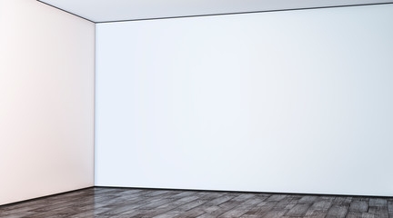 Blank white large gallery wall corner in hall mockup, 3d rendering. Empty hall angle and floor mock...