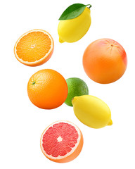 Falling citrus, mix, lemon, orange, lime, grapefruit isolated on white background, clipping path, full depth of field