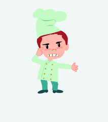 Chef, is angry and points his head with his index finger.