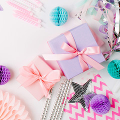 Set of Festive decorations in pastel colored. Flat lay. Holiday concept