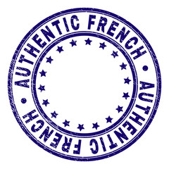 AUTHENTIC FRENCH stamp seal imprint with distress texture. Designed with circles and stars. Blue vector rubber print of AUTHENTIC FRENCH title with dust texture.