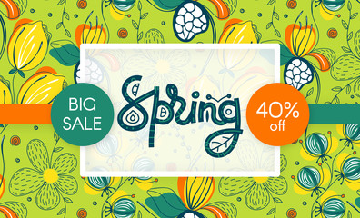 Fototapeta premium Spring sale. Floral pattern. Hand drawn creative flowers. Discount. Shopping. Lettering in frame. Commerce. Abstract herb. Springtime. Flyer, advertising, banner, signboard, poster. Vector, eps10
