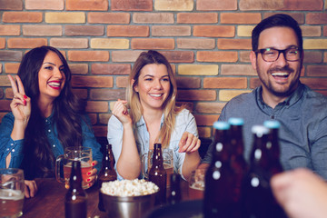 Happy friends group drinking beer at brewery bar restaurant - Image