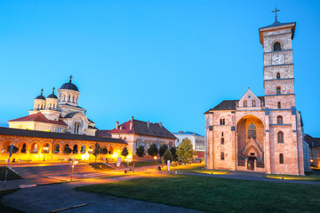 Fototapeta na wymiar The Coronation Orthodox Cathedral and Roman Catholic cathedral in Fortress of Alba Iulia