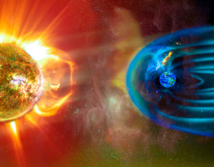 The Sun-Earth connection space weather. Blasts of perticles and magnetic field from the sun impact magnetosphere. Magnetic bubble around the Earth. Elements of this image furnished by NASA. - obrazy, fototapety, plakaty
