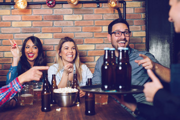 Happy friends group drinking beer at brewery bar restaurant - Image