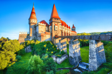 Beautiful panorama of the Hunyad Castle / Corvin's Castle with wooden bridge