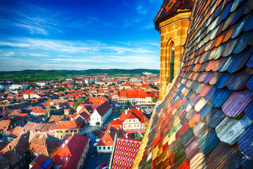 View from bell tower of St Mary Cathedral on the Old Town in Sibiu city - obrazy, fototapety, plakaty