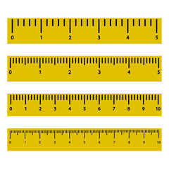 Set of yellow rulers with black scale and numbers. Vector illustration