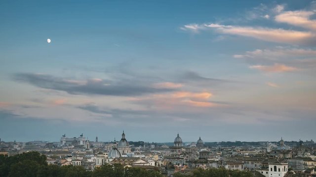 Rome, Italy. Transiton Evening To Night Timelapse. Moonrise Above Rome Skyline, Cityscape With Famous Landmarks