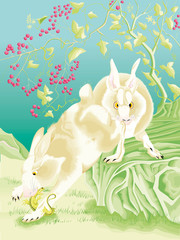 Deux lapins chassant un lézard dans des tons verts