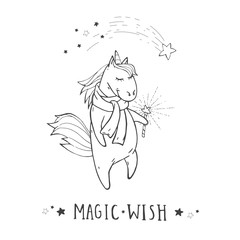 Vector illustration of hand drawn cute unicorn in scarf with shooting star, magic wand and text – MAGIC WISH on withe background. 