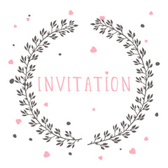 Vector hand drawn illustration of text INVITATION and floral round frame on white background. Colorful.