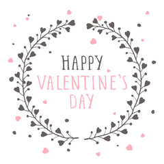 Vector hand drawn illustration of text HAPPY VALENTINE'S DAY and floral round frame on white background. Colorful.