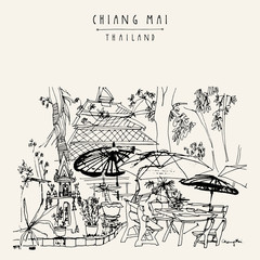 Outdoor cafe with umbrellas in Chiang Mai, Thailand, Southeast Asia. Hand drawing. Vintage artwork. Travel sketch. Book illustration, touristic postcard or poster
