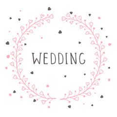 Vector hand drawn illustration of text WEDDING and floral round frame on white background. 