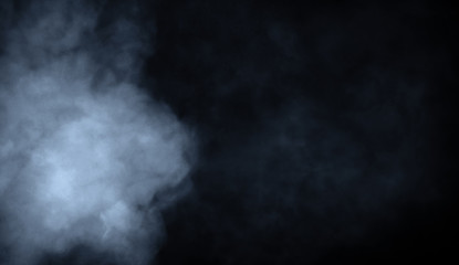 Abstract blue smoke misty fog on isolated black background. Texture overlays. Design element.