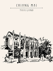 Chiang Mai Thailand hand drawn artistic postcard