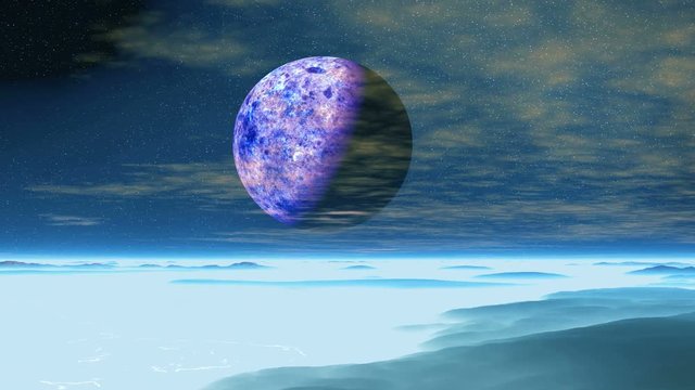 Purple Moon over Blue Planet. Huge purple planet flying through the starry sky. Slowly transparent clouds float. Desert blue hills covered with dense white fog. 