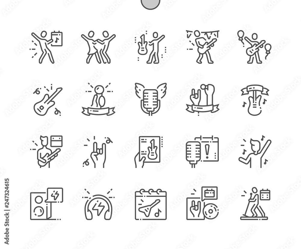 Poster world rock-n-roll day well-crafted pixel perfect vector thin line icons 30 2x grid for web graphics 