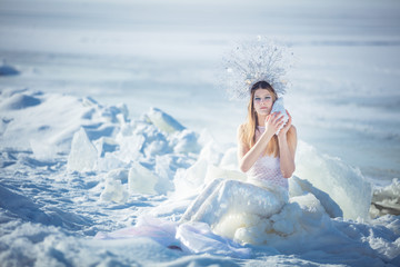 Young model in luxurious strapless corset ball gown sitting on slabs of broken ice at the frosty...