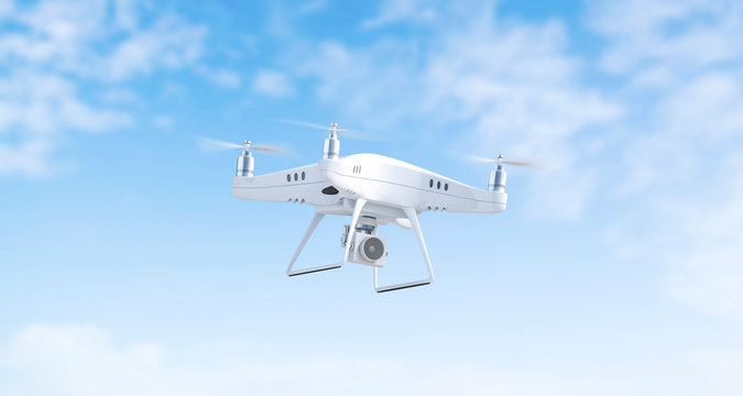 Blank white flying quadcopter mockup on sky background, 3d rendering. Empty wireless helicopter fly in heaven mock up. Clear technology spy with camera. Outdoor toy template.
