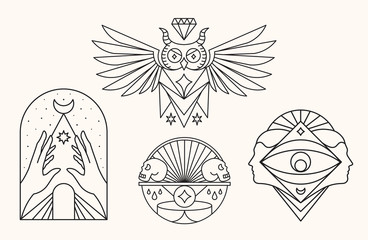 Owl, skull, eye and face. Mystic Symbols vector illustration.