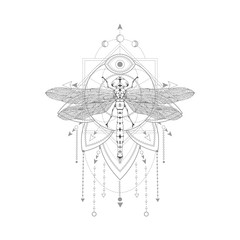 Vector illustration with hand drawn dragonfly and Sacred symbol on white background. Abstract mystic sign. Black linear shape. 