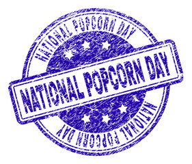 NATIONAL POPCORN DAY stamp seal watermark with grunge texture. Designed with rounded rectangles and circles. Blue vector rubber print of NATIONAL POPCORN DAY caption with scratched texture.