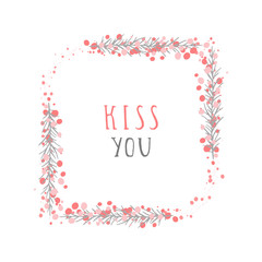 Fototapeta na wymiar Vector illustration of hand drawn text KISS YOU, floral element decorative and round frame on white background. Colorful.