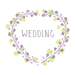 Vector hand drawn illustration of text WEDDING and floral frame in the shape of a heart on white background. 