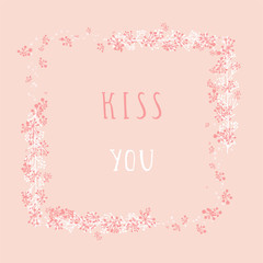 Vector hand drawn illustration of text KISS YOU and floral rectangle frame on orange background. 