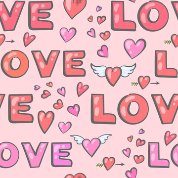 Fototapeta Valentine's Day seamless pattern with hearts and inscriptions