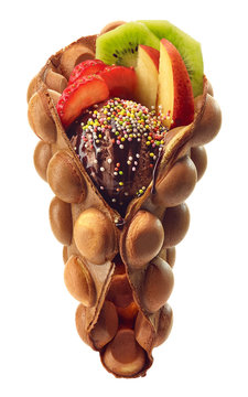 Hong kong or bubble waffle with ice cream and fruits
