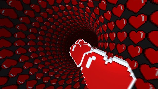 8 bits pixel heart tunnel animation. Retro arcade video game Valentine&acute;s Day background.