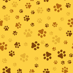 Dog Paw seamless pattern vector footprint kitten puppy tile yellow background repeat wallpaper cartoon isolated illustration white - Vector.