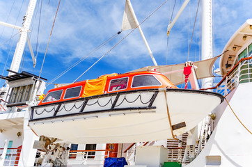The lifeboat is suspended on cruise ship.