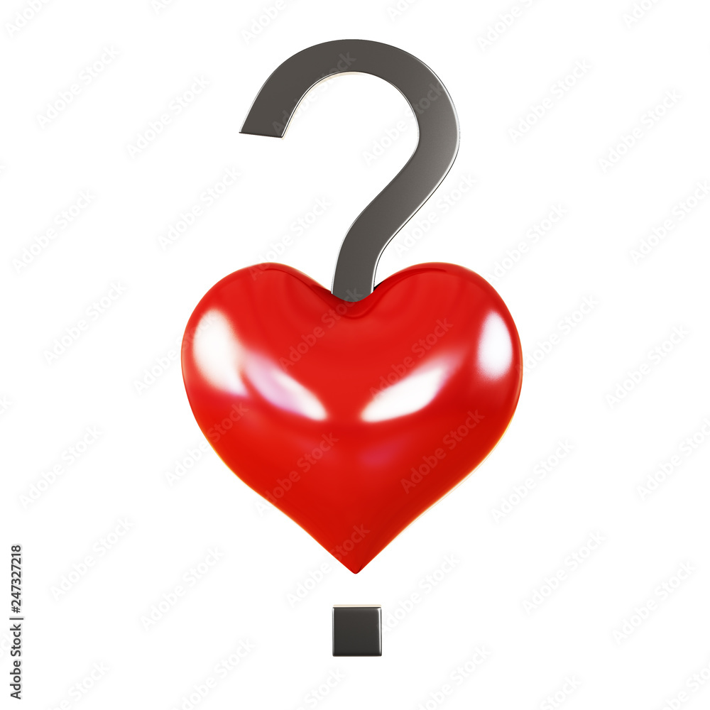 Poster red heart with question mark gray 3d rendering