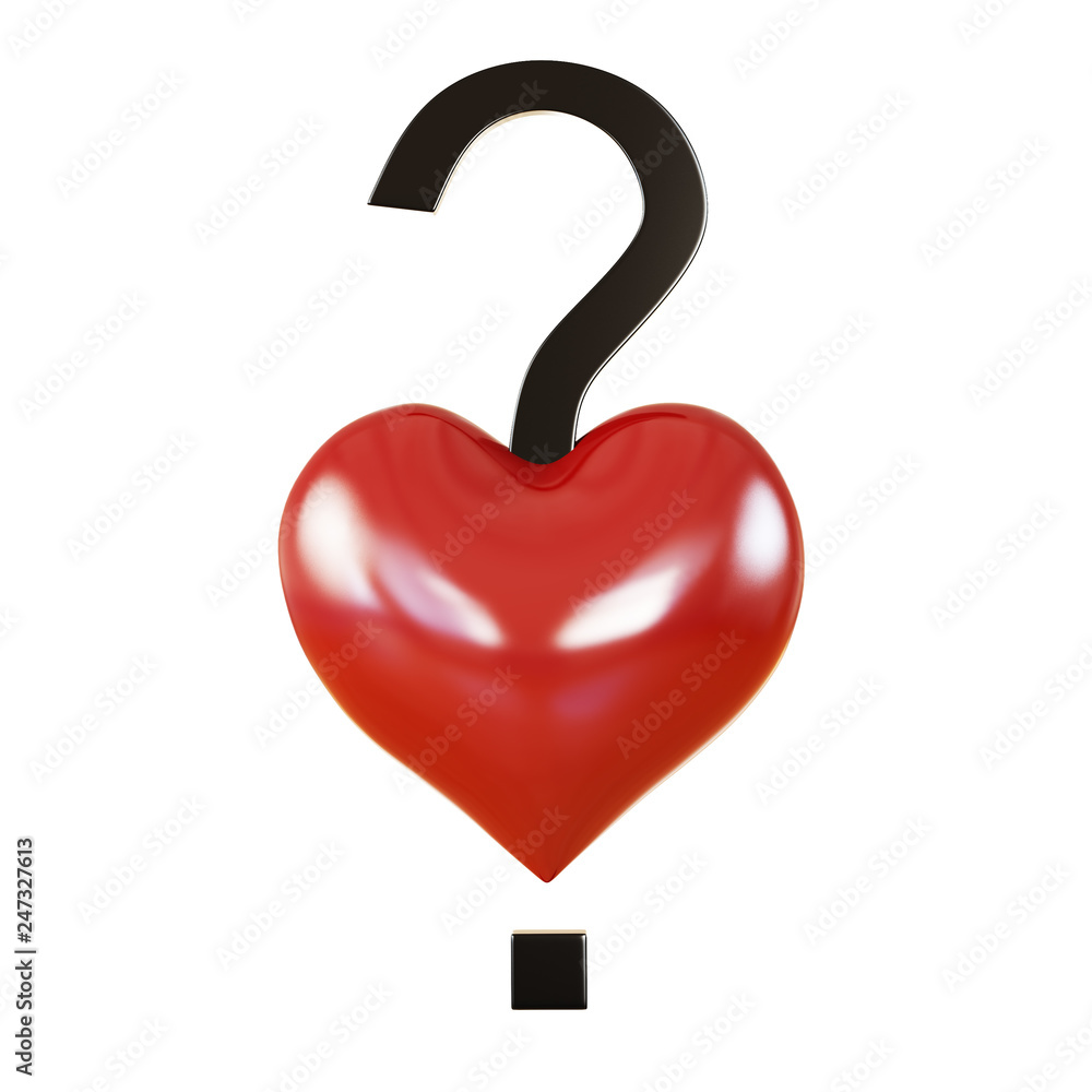 Poster red heart with question mark 3d rendering