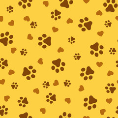 Dog Paw seamless pattern vector footprint kitten puppy tile yellow background repeat wallpaper cartoon isolated illustration white - Vector.