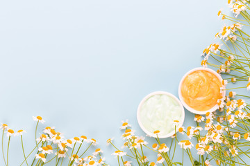 Chamomile aromatherapy theme , handmade cosmetic. space for textessential  and medical flowers herbs