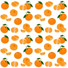 Mandarin, tangerine, clementine with leaves isolated on white background. Citrus fruit background. Seamless pattern. Vector Illustration
