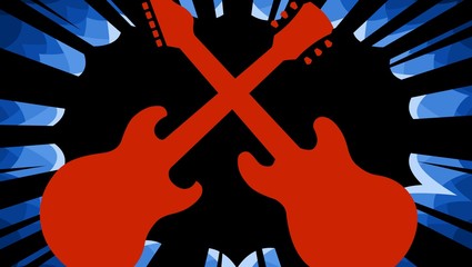 live music event promotional poster vector illustration of two rock guitars clash over inverse starburst background blank