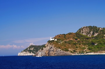 Fototapeta na wymiar View of the northwest coastline from the sea, Elba Island, Tuscany, Italy