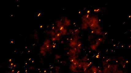 Burning red hot sparks rise from large fire. Backdrop of bonfire, light and life. 3D illustration of fiery orange and red glowing flying ember particles on black background in 4k - obrazy, fototapety, plakaty