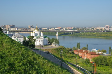 Summer view of the Annunciation monastery and the Church of Metropolitan Alexy of Moscow on the Bank of the Oka in Nizhny Novgorod, Russia